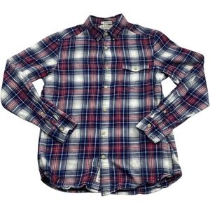 HM LOGG Mens Small Red Blue White Plaid Flannel Shirt Cotton Button Up